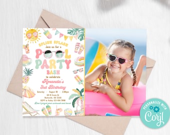 Editable Pool Party Invitation Girl Summer Party Invitation Tropical Splish Splash Girly Pool Party Invitation Summer Swimming Pool 0228