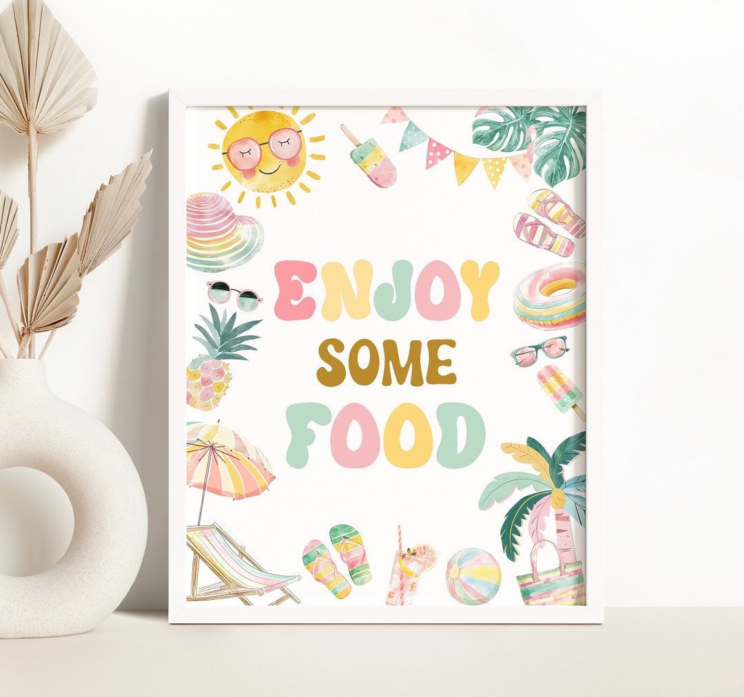 Pool Party Enjoy Some Food Table Sign Tropical Splish Splash Pool Party ...