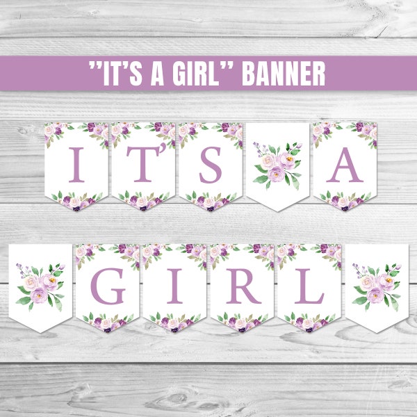 Purple Floral It's a Girl Banner Lilac Floral Baby Shower Banner Lavender Floral Baby Shower Decor 0128