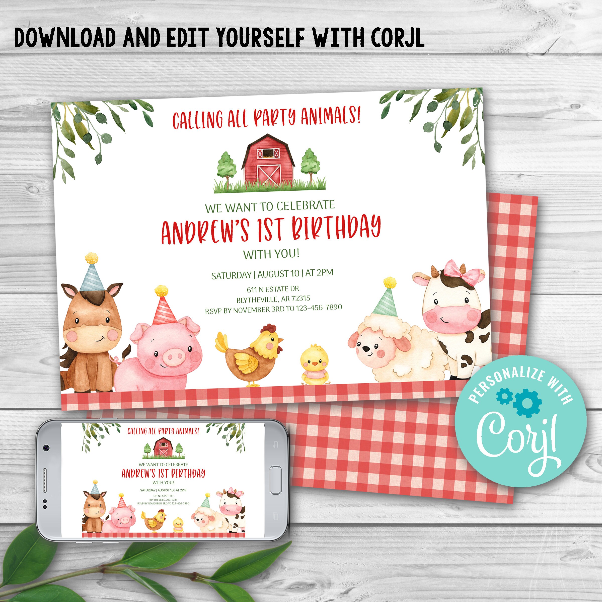 Editable Farm Birthday Invitation. Red Farm Animals Birthday Invite ...