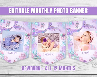 Editable Mermaid Birthday Banner Monthly Photo Banner Mermaid Garland Barnyard Purple Mermaid Photo Banner Under the Sea Party Banner 0202