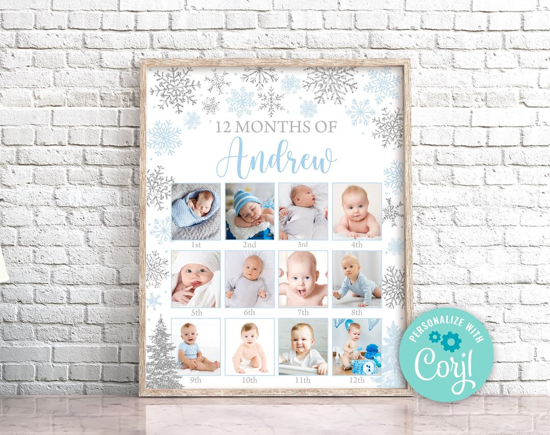 Editable Blue Silver Snowflakes First 12 Months Photo Collage Winter