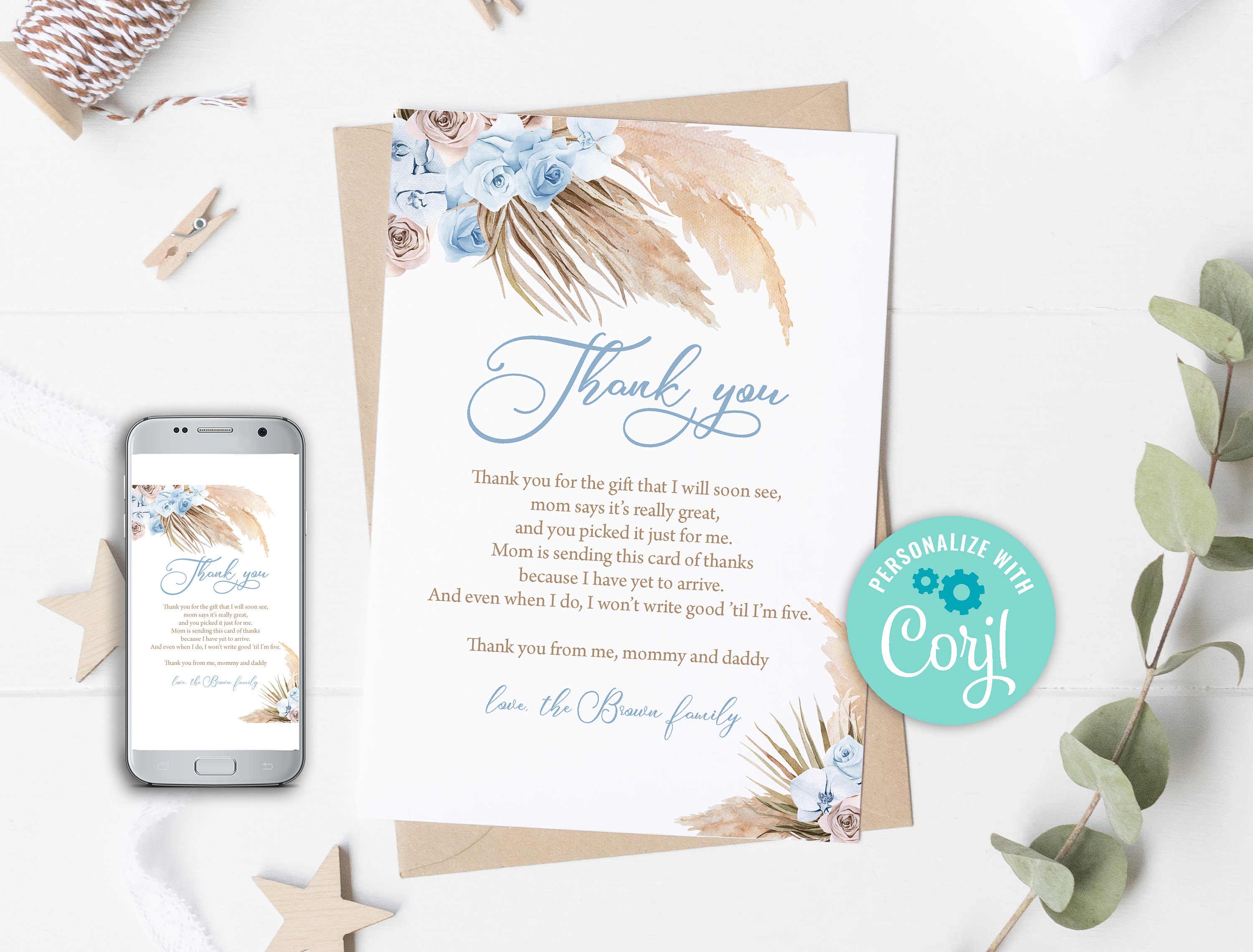 Editable Blue Pampas Grass Thank You Card Pampas Grass Baby Shower ...