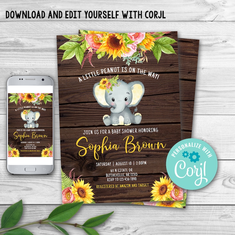 Editable Sunflower Elephant Baby Shower Invitation Sunflower Etsy