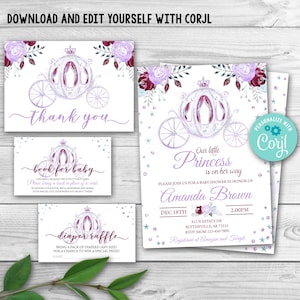 EDITABLE Princess Baby Shower Invitation Set Glitter Princess Carriage Baby Shower Girl Set Package Purple and Silver Baby Shower 0159