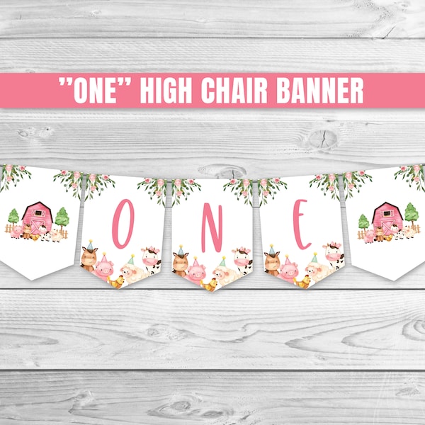 Farm High Chair Banner Farm 1st Birthday Pink Farm Animals High Chair Banner ONE Pink Farm Birthday Decoration Pink Barnyard Banner 0106