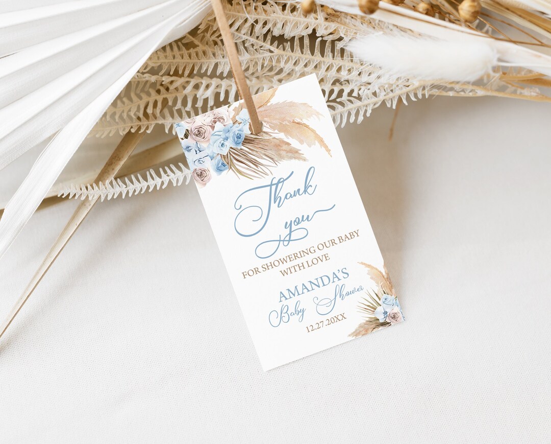 EDITABLE Blue Pampas Grass Baby Shower Favor Tag Bohemian Thank You ...