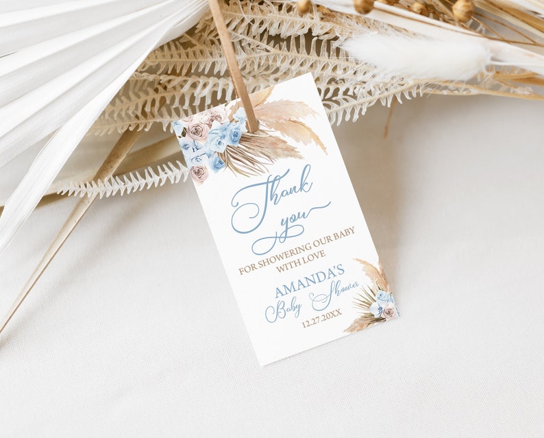 EDITABLE Blue Pampas Grass Baby Shower Favor Tag Bohemian Thank You ...