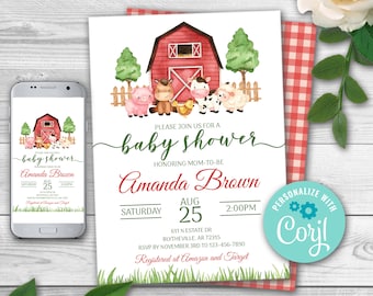 Editable Farm Animals Baby Shower Invitation (Digital)