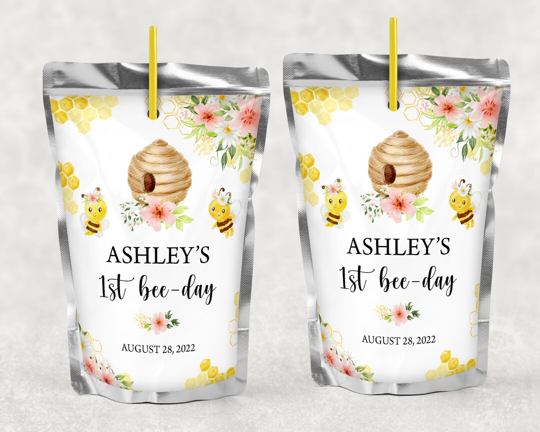 EDITABLE Bee Juice Labels Bumble Bee Juice Pouch Labels Honey Bee Birthday Party Juice Label