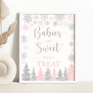 Winter Snowflake Babies Are Sweet Take A Treat Sign Winter Wonderland Baby Shower Decor Sign Pink Silver Snowflakes Shower Favor Sign 0187