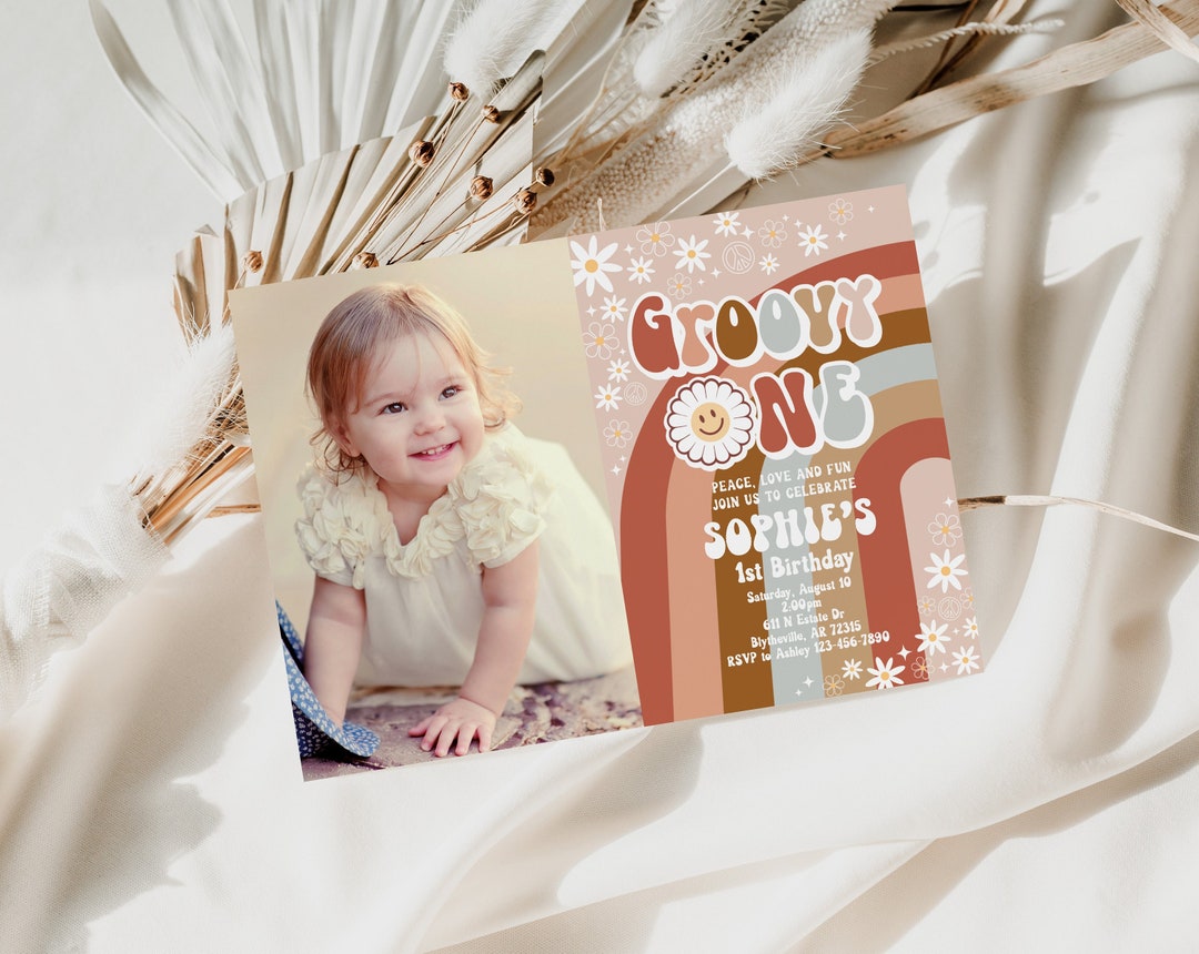 Editable Groovy One Birthday Party Invitation Daisy Hippie 70's Retro ...