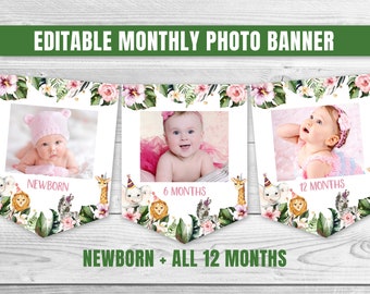 Editable Safari Birthday Banner Monthly Photo Banner WILD Animal Garland Jungle Animal Pink Girl Photo Banner Jungle Party Decor 0130