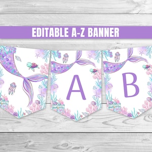 Editable Mermaid Banner Under the Sea Party Mermaid Birthday A-Z Banner Purple Mermaid Party Decoration Mermaid Garland 0203