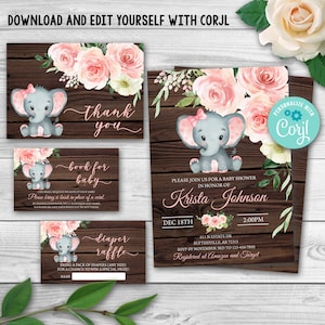 Editable Elephant Baby Shower Pack, Elephant Baby Shower Set,  Elephant Baby Shower Invitation Package Template Rustic Wood Baby Shower 0167
