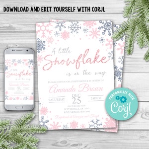 Bearbeitbare Schneeflocke-Baby-Dusche-Einladung, eine kleine Schneeflocke ist unterwegs Einladung, Winter-Wunderland-Baby-Dusche, Mädchen-Baby-Dusche 0103
