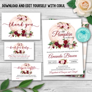 Editable Little Pumpkin Baby Shower Invitation Set, Girl Fall Baby Shower Invitation Pack. Fall Baby Shower. Pumpkin Invitation Package 0123