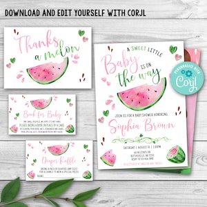 Editable Watermelon Baby Shower Invitation Set, Pink Watermelon Baby Shower Invitation Pack, Melon Girl Baby Shower Template 0118