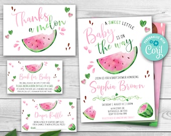 Editable Watermelon Baby Shower Invitation Set, Pink Watermelon Baby Shower Invitation Pack, Melon Girl Baby Shower Template 0118