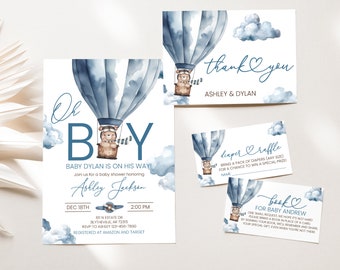 May include: Blue and white baby shower invitation featuring a watercolour illustration of a hot air balloon with a teddy bear pilot. The text reads "Oh Boy! Baby Dylan is on his way!" and includes the date, time, and RSVP details.