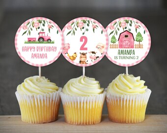 Farm Birthday Cupcake Toppers Farm Birthday Party Decoration Girl Farm Animals Cupcake Toppers Pink Farm Animals Barnyard Decoration 0106