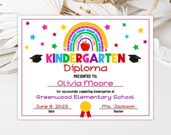 Editable Kindergarten Diploma Personalized Graduation Certificate School Graduation Certificate Last Day of School Diploma Certificate 0206