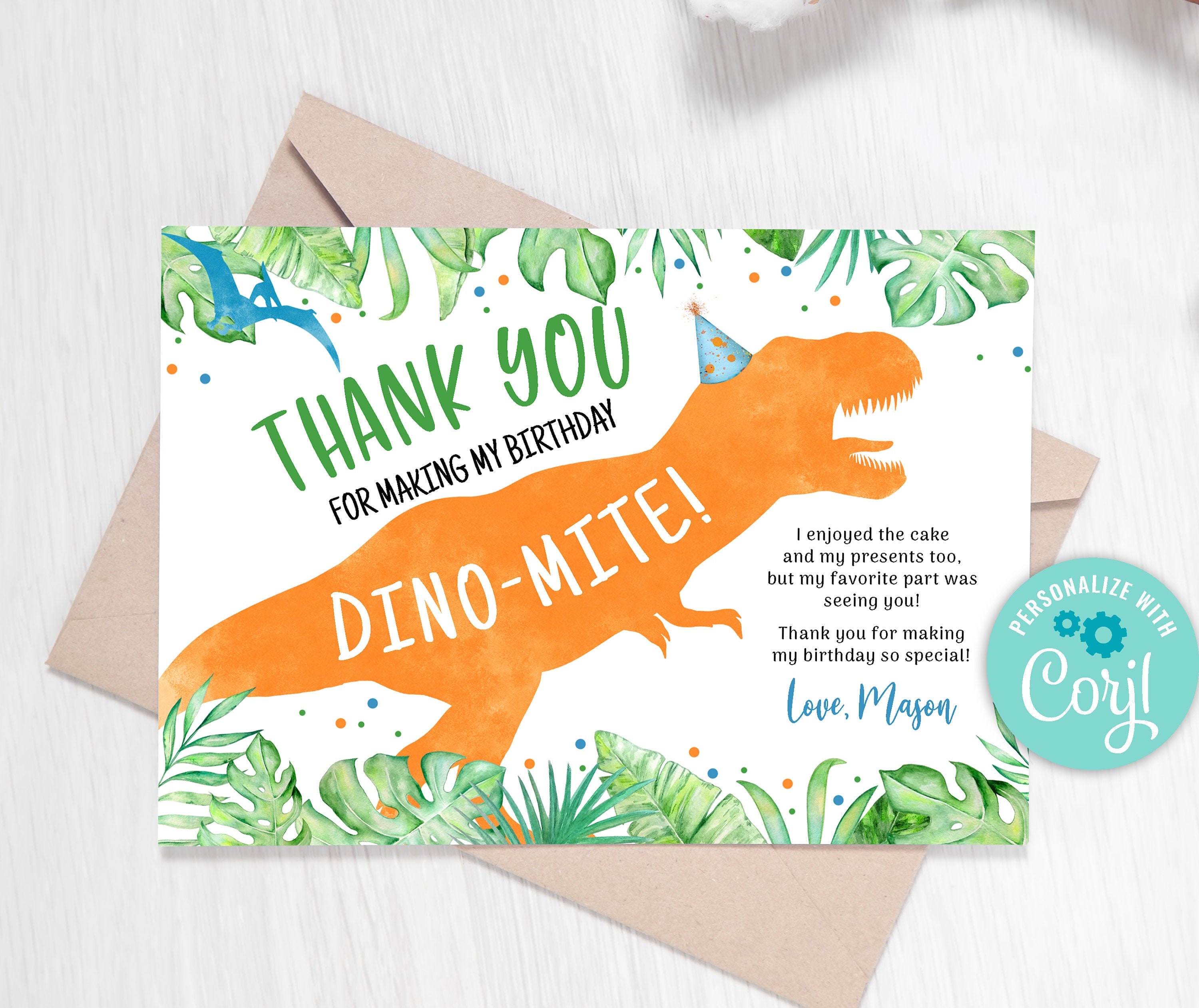 editable-watercolor-dinosaur-thank-you-card-dinosaur-birthday-etsy