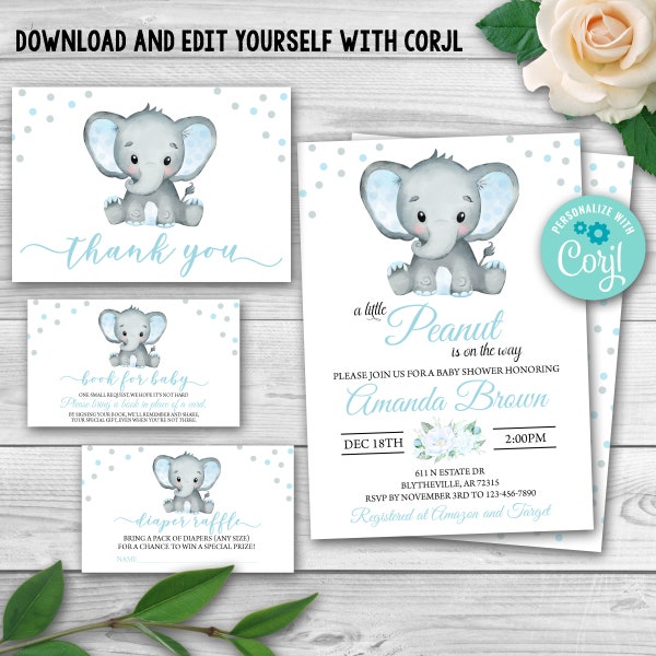 Editable Elephant Baby Shower Set. Elephant Baby Shower Pack.  Elephant Baby Shower Invitation Package Template 0166