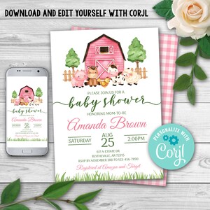 Editable Farm Baby Shower Invitation. Pink Farm Animals Baby Shower Invite, Girl Barnyard Baby Shower Invitations 0106