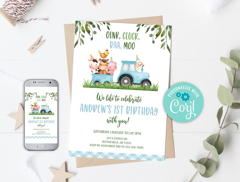 Editable Farm Birthday Invitation Blue Farm Animals Birthday Invite Boy ...