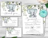 Editable Greenery Foliage Baby Shower Invitation Set. Elephant Baby Shower Invitation Pack. Gender Neutral Baby Shower Template 0102