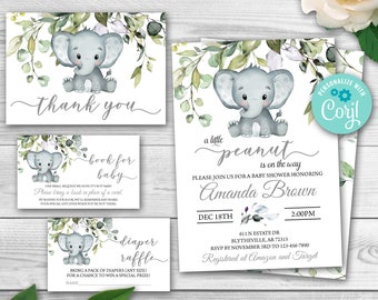 Editable Greenery Foliage Baby Shower Invitation Set. Elephant Baby Shower Invitation Pack. Gender Neutral Baby Shower Template 0102