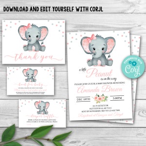 Editable Elephant Baby Shower Set Pink Elephant Baby Shower Pack Girl Elephant Baby Shower Invitation Package Template 0166