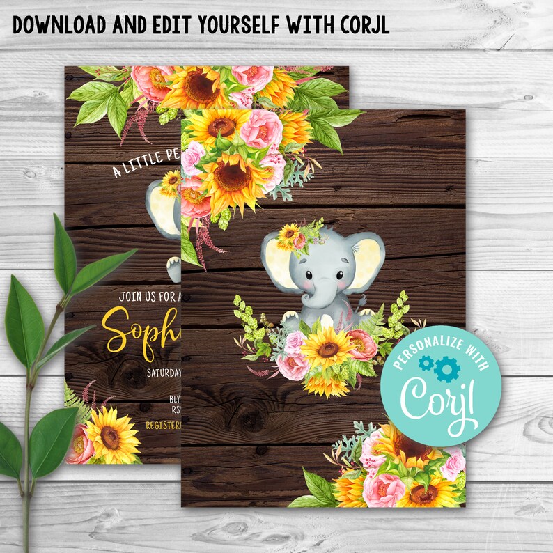 Editable Sunflower Elephant Baby Shower Invitation Sunflower Etsy