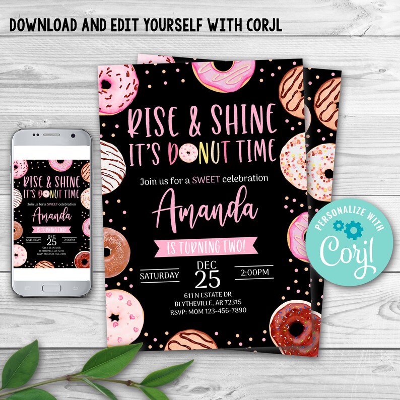 Editable Rise and Shine Donut Time Birthday Invitation Birthday Party Pink Girl Doughnut Invitation Donut Birthday Party