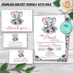 EDITABLE Elephant Baby Shower Invitation Set. Elephant Baby Shower Invitation Girl Set Package. Pink and Blue Baby Shower pack 0168