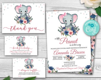 Editable Elephant Baby Shower Invitation Set (Digital Download)