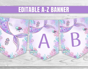 May include: Editable A-Z banner with a mermaid tail and sea life design. Each letter is on a separate banner with a purple background and a white border.