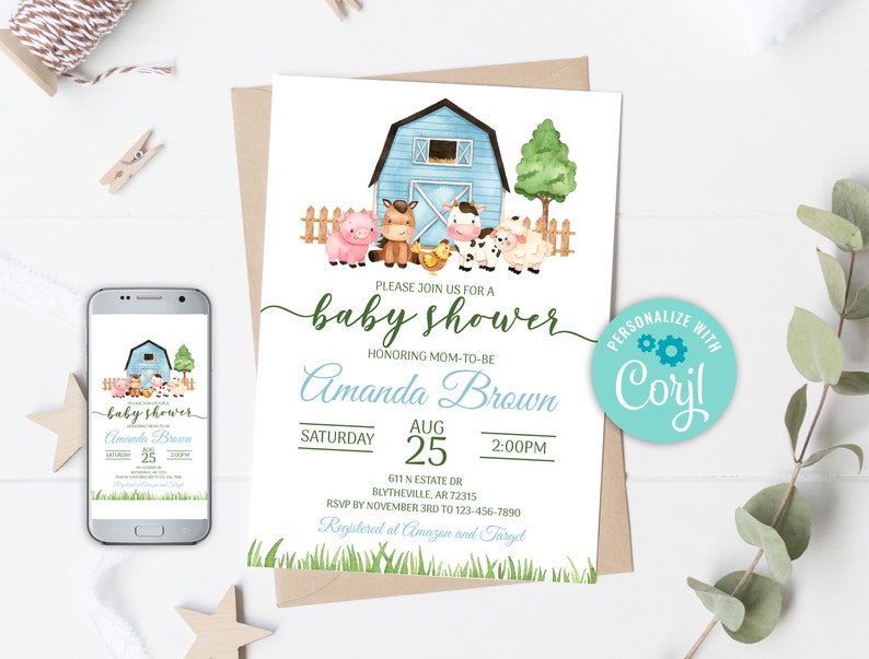 Editable Farm Animal Baby Shower Invitation Set Blue Farm Baby Shower Invitation Pack Boy Blue Barnyard Baby Shower Template 0227 image 2