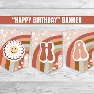 Groovy Happy Birthday Banner Retro Floral 70&#39;s Hippie Verjaardag Banner Groovy Rainbow Banner Groovy Garland Daisy Verjaardag Banner 0170
