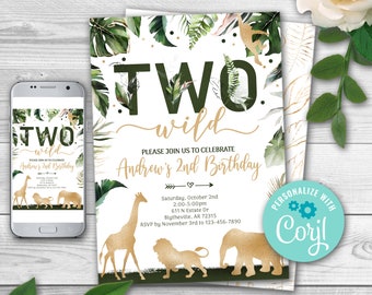 EDITABLE Safari Party Invitation, Jungle Two WILD Animal invitations, Gold Jungle Birthday Invitation, Lion Giraffe Elephant Monkey, 0101