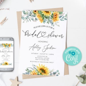 May include: A printable bridal shower invitation with a sunflower and greenery design. The invitation says "Please join us for a bridal shower honoring Ashley Jackson" and includes the date, time, address, RSVP information, and registry details.