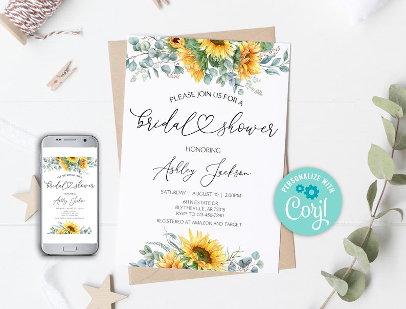 May include: A printable bridal shower invitation with a sunflower and greenery design. The invitation says "Please join us for a bridal shower honoring Ashley Jackson" and includes the date, time, address, RSVP information, and registry details.