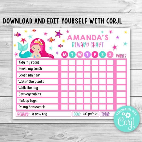 Editable Mermaid Reward Chart for Kids, Mermaid Routine Chart, Mermaid Kids Chore Chart, Printable Mermaid Chore Chart for Kids Chores