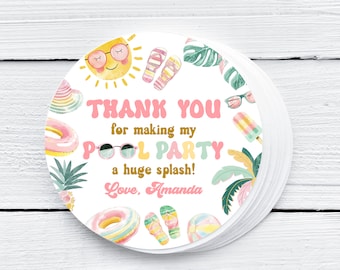 EDITABLE Pool Party Favor Tag Summer Party Thank You Tags Tropical Splish Splash Girly Pool Party Summer Swimming Pool Splash Pad Party 0228