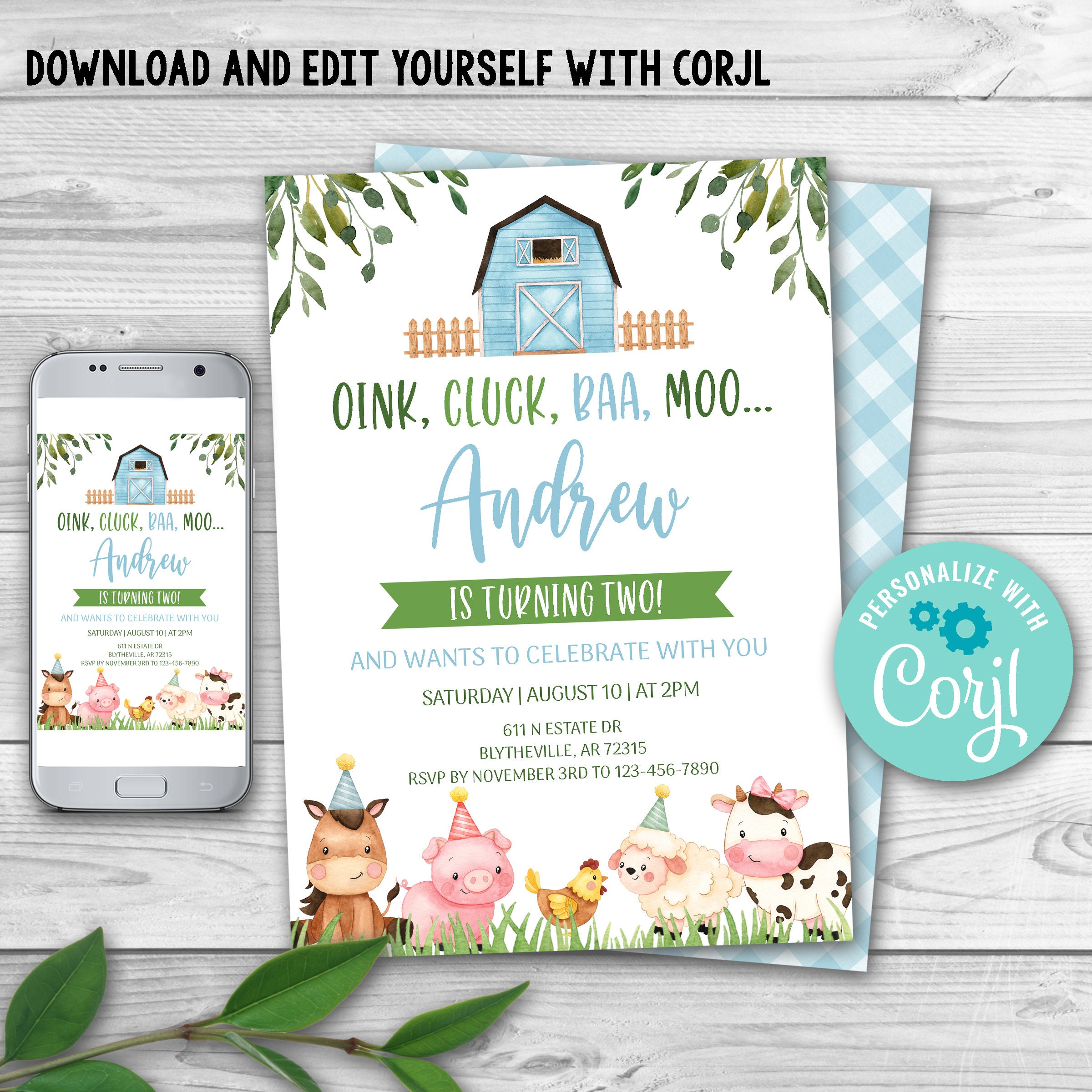 Editable Farm Birthday Invitation Blue Farm Animals Birthday Invite Boy ...
