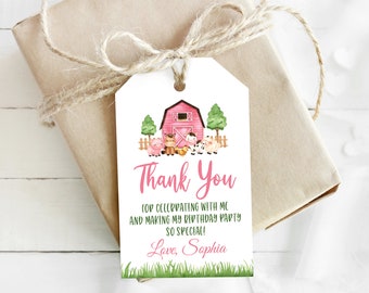 Editable Pink Farm Animals Favor Tag, Printable Thank You Tags (Digital Download)
