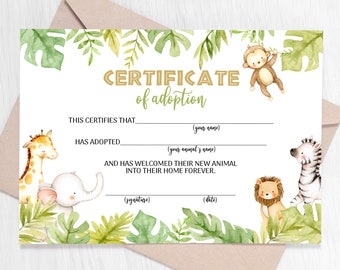 Adopt an Animal Adoption Certificate Safari Animals Adoption Wild One Birthday Printable Safari Adoption Certificate Zoo Party Jungle 0107