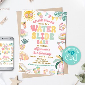 May include: A pink and yellow invitation for a water slide party. The invitation features a cartoon sun, a popsicle, a pineapple, a beach umbrella, a beach chair, and flip flops. The text on the invitation reads "Splish Splash Join us for a Water Slide Bash to celebrate Amanda's 3rd Birthday Saturday August 10 2:00pm 611 N Estate Dr Blythevile, AR 72315 RSVP to Ashley 123-456-7890 Don't forget your swimsuit and towel".