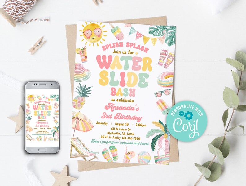 May include: A pink and yellow invitation for a water slide party. The invitation features a cartoon sun, a popsicle, a pineapple, a beach umbrella, a beach chair, and flip flops. The text on the invitation reads "Splish Splash Join us for a Water Slide Bash to celebrate Amanda's 3rd Birthday Saturday August 10 2:00pm 611 N Estate Dr Blythevile, AR 72315 RSVP to Ashley 123-456-7890 Don't forget your swimsuit and towel".